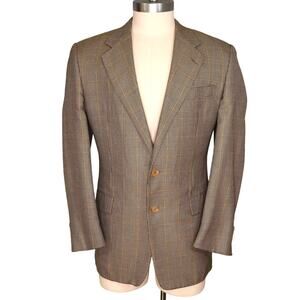 Hickey Freeman Sport Coat Mens 42L Wool Gold Brown Plaid Jacket Custom Vintage